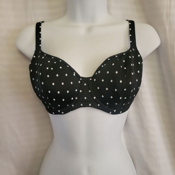 Freya Black Diamond Dot Print Padded Bikini Swimsuit Top Underwired Plunge 32DD - Picture 3 of 14